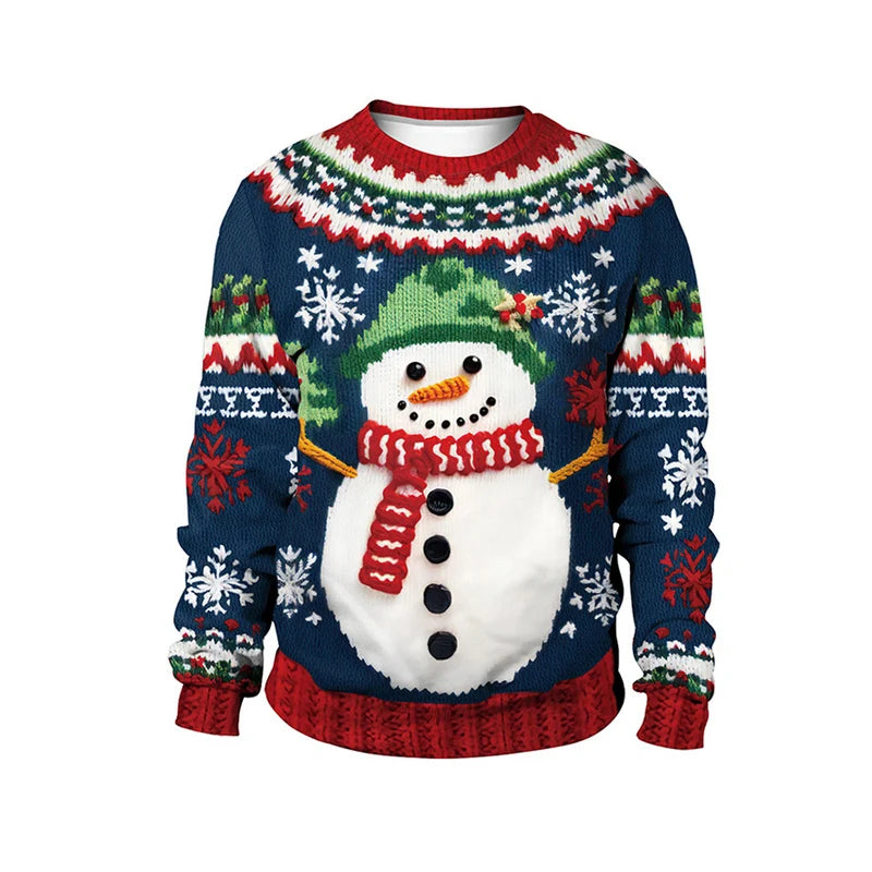 Men Women Xmas Sweatshirt 3D Christmas Snowman Snowflakes Print Ugly Christmas Sweater Unisex Pullover Holiday Party Jumper Tops