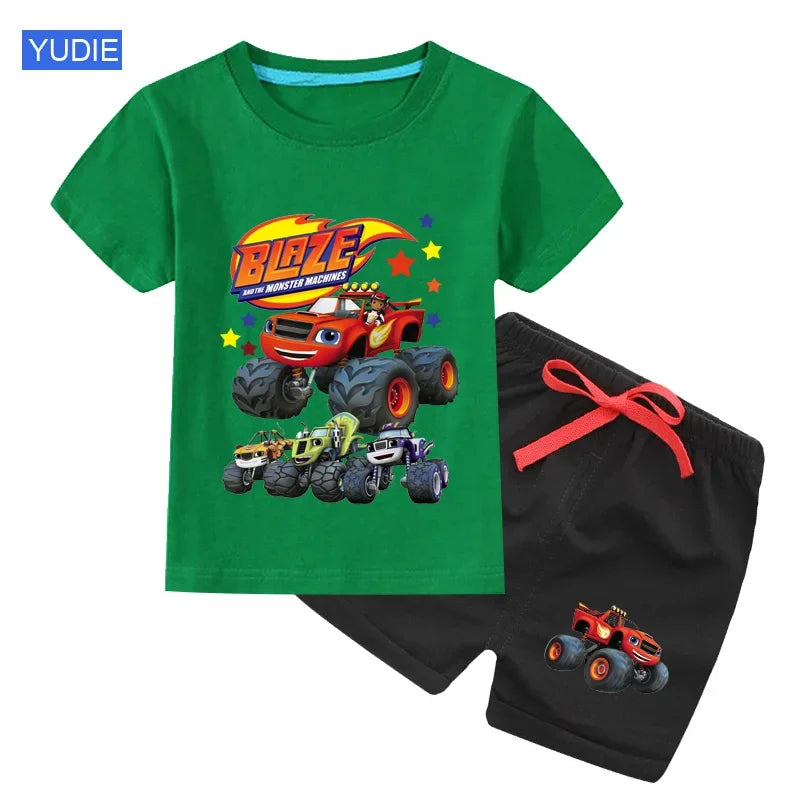 boys shirt  Baby Boy Clothes Set Cartoon Blazing Speed Cars Monster Machines Children Girl Short Sleeve T Shirt+Shorts 2PCS Suit