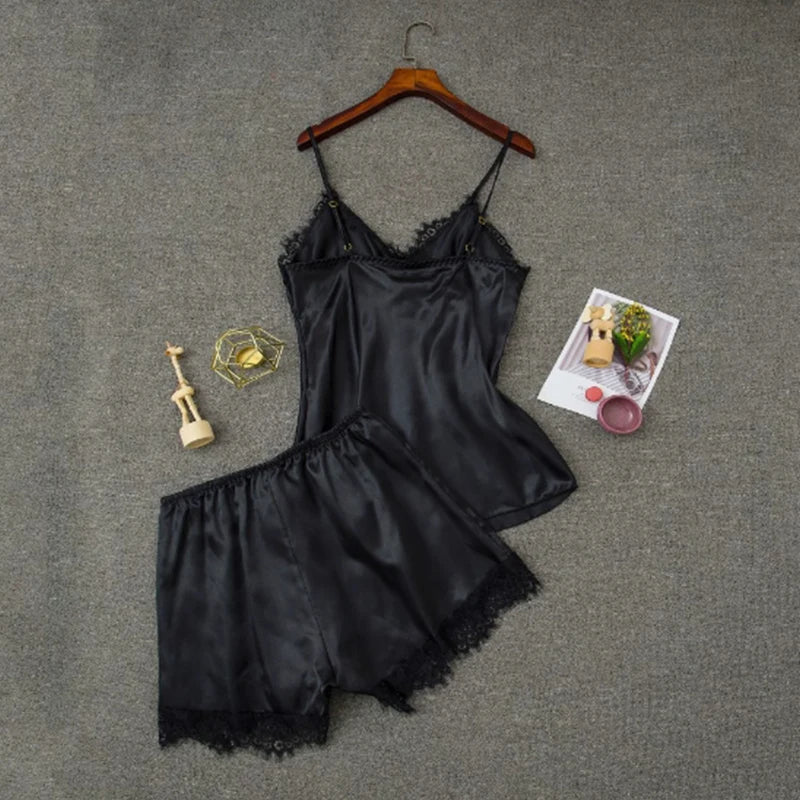 Women Pajama Suit Fashion V-Neck Stretch Satin Babydoll Lace Sexy Lingerie Bowknot Pyjamas Sleep Shorts Set Sleepwear New