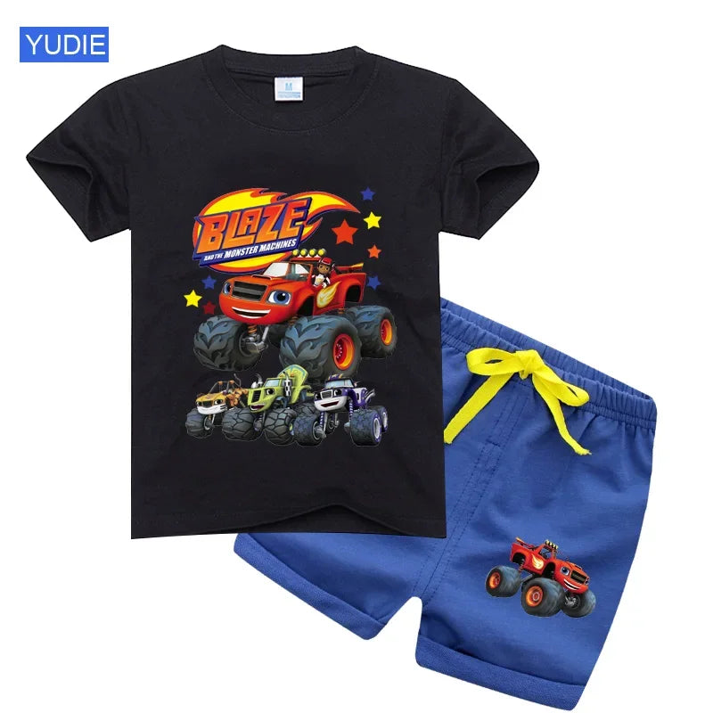 boys shirt  Baby Boy Clothes Set Cartoon Blazing Speed Cars Monster Machines Children Girl Short Sleeve T Shirt+Shorts 2PCS Suit