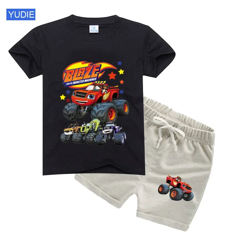 boys shirt  Baby Boy Clothes Set Cartoon Blazing Speed Cars Monster Machines Children Girl Short Sleeve T Shirt+Shorts 2PCS Suit